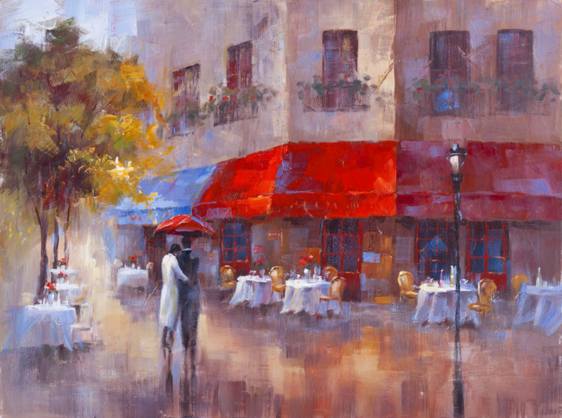 PXYW445 Wall décor art oil on canvas street scene café red blue tones